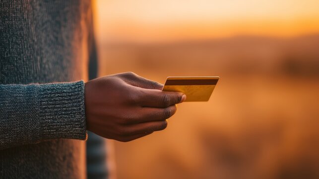 A hand holding a credit card against a blurred sunset background, symbolizing finance, transactions, or online shopping. - Powered by Adobe