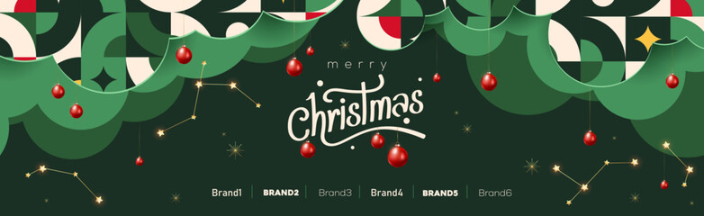 Christmas background with banner design, typography, hanging balls, golden stars, festive pattern, modern layout, holiday theme, celebration graphics, printable poster, xmas decoration.