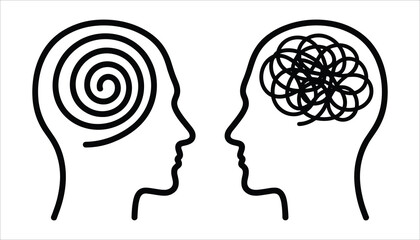 Two human head profiles facing each other one with spiral brain the other with tangled lines mind thinking