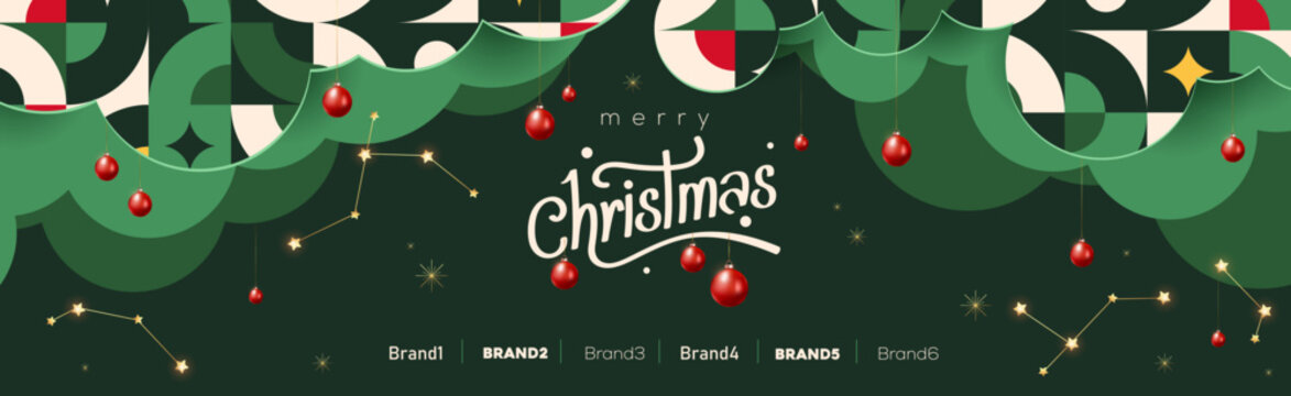 Christmas background with banner design, typography, hanging balls, golden stars, festive pattern, modern layout, holiday theme, celebration graphics, printable poster, xmas decoration.