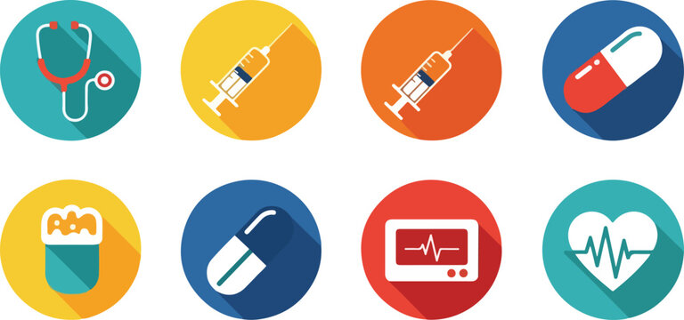 Set of Flat Design Medical and Healthcare Icons with Long Shadows, depicting essential hospital equipment, diagnosis tools, and pharmaceutical elements for web and mobile interfaces