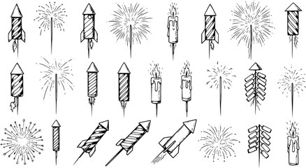 Festive Hand-Drawn Fireworks and Firecrackers Set. Sketchy collection of rockets, sparklers, candles, and firecracker strings, ideal for celebrations and holidays.