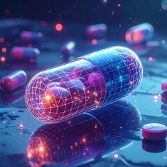 Digital rendering features a magnified capsule overlaid with a glowing network. Other pills rest on a reflective surface with a futuristic theme