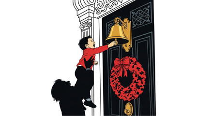 Obraz premium A child is lifted up by a parent to ring a large golden bell on a festive front door.