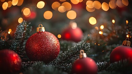Elegant holiday theme with red baubles and pine elements photo