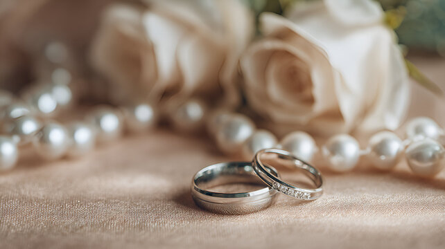 White roses and two gold wedding rings on a white background, decorated with a pearl string. Perfect for a greeting card.