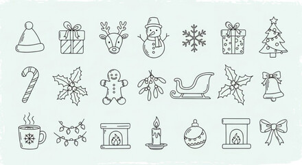 Festive Christmas icons collection, perfect for holiday cards and gift tags, adding joyful charm to your seasonal designs with classic winter elements