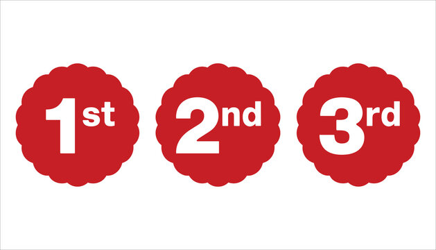 Three red scalloped circles with white numbers 1st 2nd 3rd on white background first second