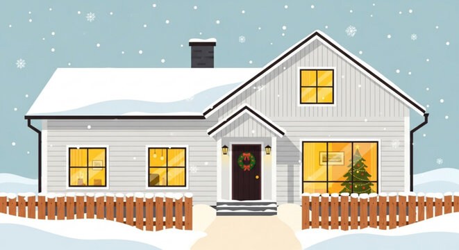 Winter wonderland home illustration with Christmas tree glowing warmly, perfect for holiday greetings and seasonal designs, evokes cozy winter vibes