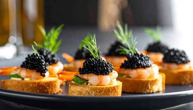 Close-up of appetizers toast topped with caviar, shrimp, and dill