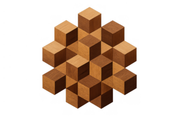Wood cubes forming an isometric geometric pattern creating an optical illusion on a transparent background