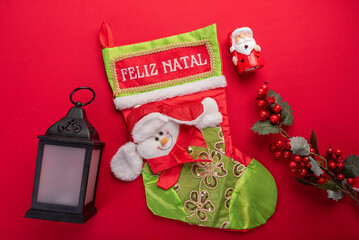 Festive christmas decor on vibrant red background