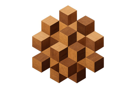 Wood cubes forming an isometric geometric pattern creating an optical illusion on a transparent background