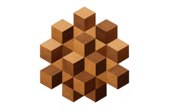 Wood cubes forming an isometric geometric pattern creating an optical illusion on a transparent background - Powered by Adobe