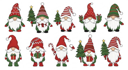 Festive Christmas gnomes holding gifts and trees bring holiday cheer and whimsical charm to seasonal designs and craft projects originally created as vector