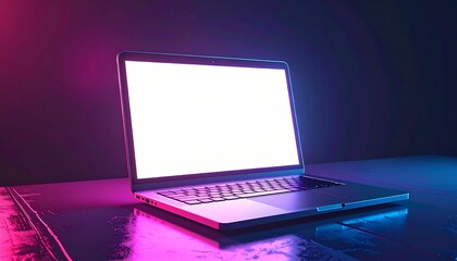 Modern open laptop with blank screen illuminated by vibrant pink and blue neon lights on a reflective surface, showcasing technology and digital workspace
