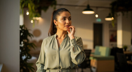 Modern office scene — pensive businesswoman thinking, female leader considering corporate strategy and future