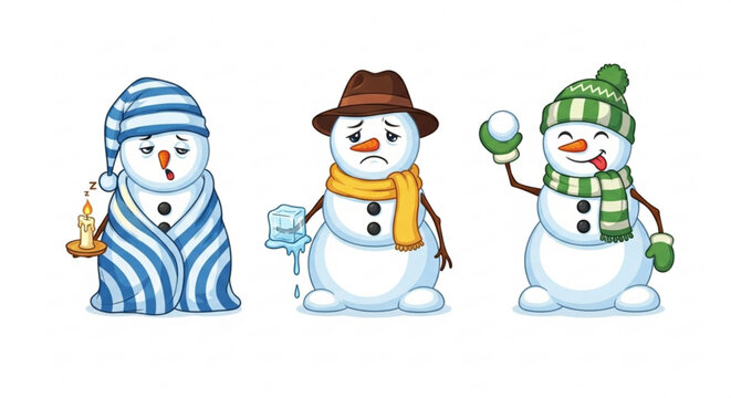 Whimsical snowmen expressing diverse moods and winter activities, ideal for holiday cards, festive designs, and seasonal promotions with a touch of humor - Powered by Adobe
