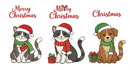 Adorable Christmas pets wearing Santa hats and scarves ready to celebrate the holiday season with gifts, vector design for seasonal cards and decorations