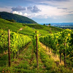 Naklejka premium A vibrant, sunny view showcases rolling vineyards cascading down a hillside. The neatly planted rows lead to a distant mountain