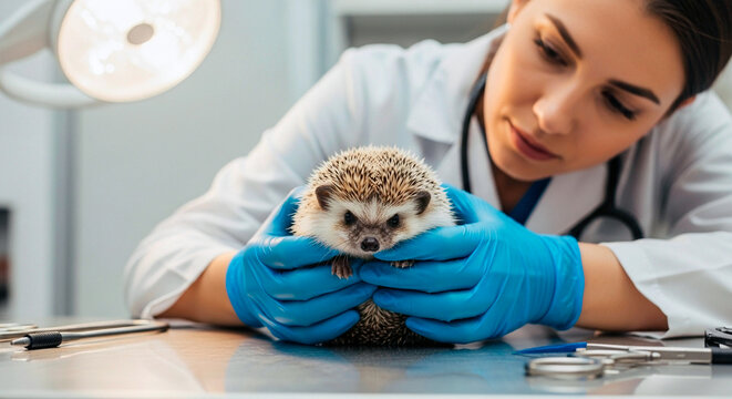 Exotic pet checkup — female vet in gloves examining hedgehog, veterinary clinic environment, health assessment