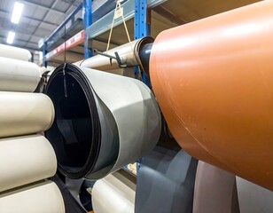 Rolls of material stored on shelving, various colors and textures