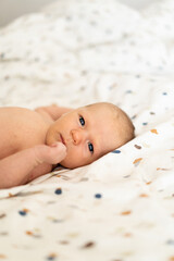 A newborn baby, lying on a soft, colorful blanket, gazes curiously at the viewer with wide eyes. The warm atmosphere highlights the baby's gentle features and innocence.