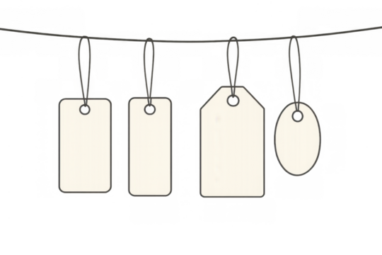 Collection of blank paper price tag labels hanging on string, retail sale discount offer template with transparent background