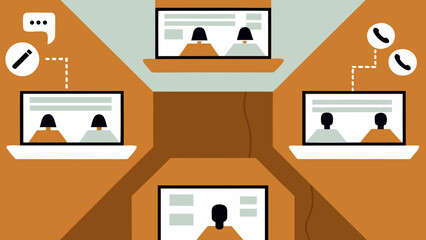 Illustration depicting multiple video calls with people connected through laptops and communication icons on transparent background silhouette