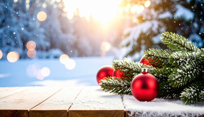 Beautiful view of fir branches and red Christmas balls on snowy wooden table
