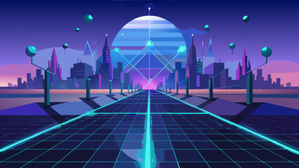 Futuristic city landscape with grid and neon lights