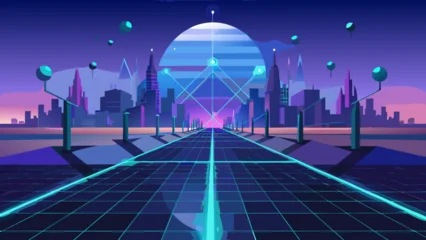 Selbstklebende Fototapeten Violett Futuristic city landscape with grid and neon lights  © P