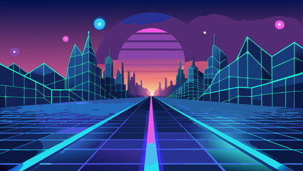 Retro cityscape with grid road and sunset background