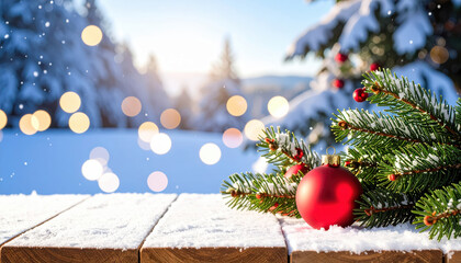 Beautiful view of fir branches and red Christmas balls on snowy wooden table