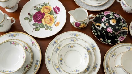 Elegant Vintage China Collection - Plates, Cups, and Creamer.