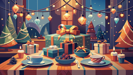 Festive christmas table with presents and decorations