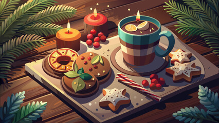 Festive christmas treats and hot chocolate arrangement