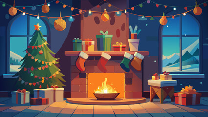 Festive christmas scene with tree and fireplace gifts