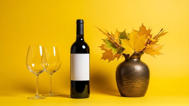 Elegant Wine Still Life with Autumn Leaves and Glasses.
