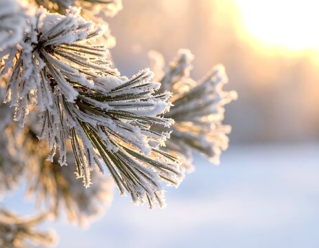 Close-up of frost-covered evergreen needles with golden sunlight - Powered by Adobe