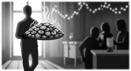 Obraz premium Silhouette of a person serving a large steaming platter of food.