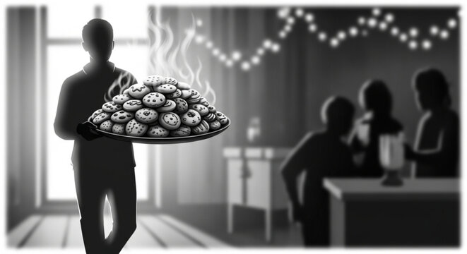 Silhouette of a person serving a large steaming platter of food.
