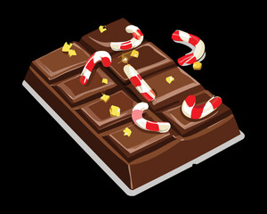 Thick Dark Chocolate Bar Segmented into Squares, Decorated with Candy Canes and White Stripes - Vector Illustration