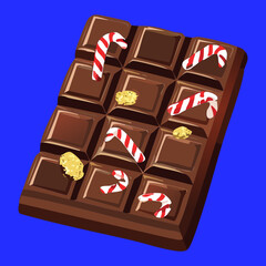 Dark Chocolate Bar Segmented into Squares, Decorated with Small Candy Canes and White Icing Accents - Vector Illustration