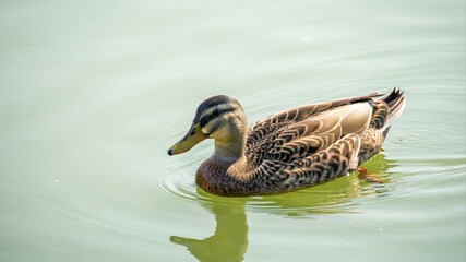 Fototapeta premium Female Mallard Duck Swimming Peacefully in Calm Water.