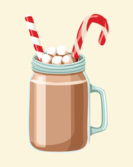 Cozy Hot Chocolate or Cocoa in a Mason Jar Mug Topped with Fluffy Marshmallows and a Candy Cane - Vector Illustration