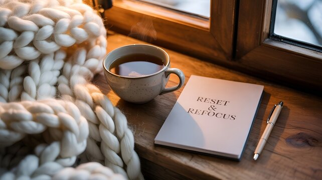 A cozy setting by the window, featuring a cup of tea, a notebook, a pen, and a warm knitted blanket, with a clear focus on Reset & Refocus.
