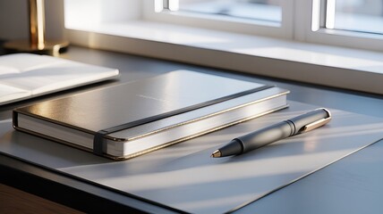 A stationery set of journal, pen and notepad with natural light.