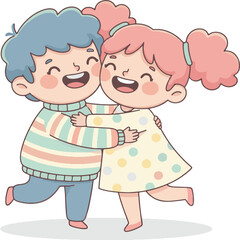 Cute Kids Hugging Cartoon Illustration