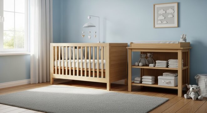 Bright and cozy nursery room with natural wood crib and playful decor for a baby's comfort